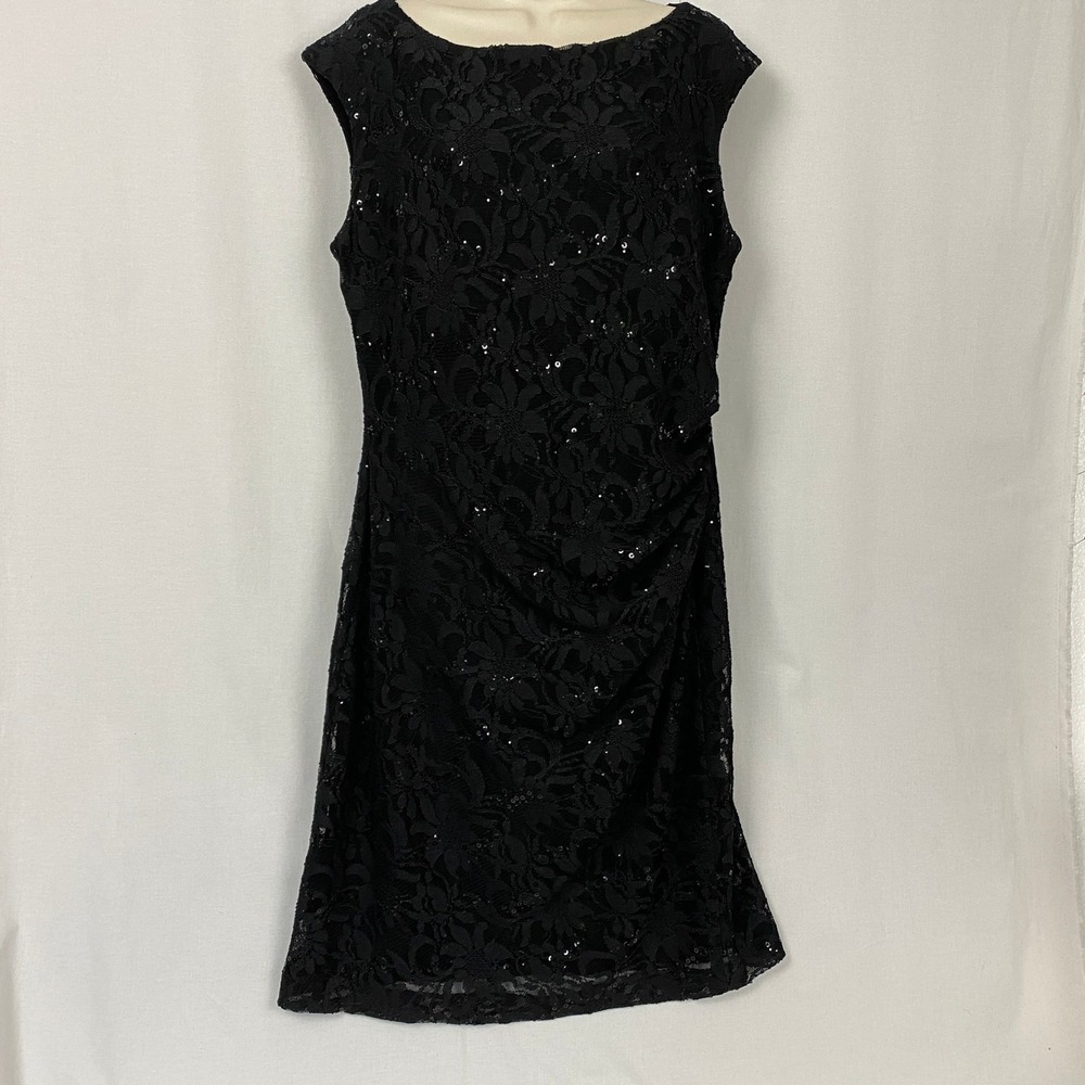 Ralph Lauren Lace Sheath Dress Womens 14 Black Sequin Ruched Cocktail LBD Glam